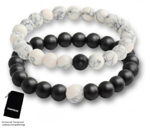 Armband kralen wit/zwart - Dubbel snoer - Wit marmer en zwart mat - natuursteen - Model F