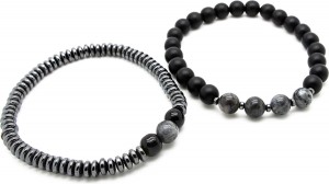 Model F - armband - dubbel snoer - kralen - zwart mat en grijs en donker RVS bedels - elastisch - 21 cm - heren - unisex
