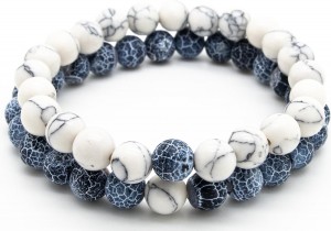Model F - armband heren – kralen – dubbel snoer – wit en blauw marmer - Sorprese - natuursteen – rond - elastisch – 20 cm - mannen