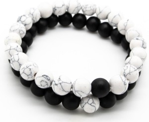 Model F - armband kralen wit/zwart - Dubbel snoer - Wit marmer en zwart mat - natuursteen
