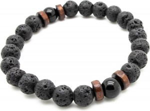 Model G - Sorprese - Armband heren – kralen – rond – enkel snoer –zwart – lavasteen - zwart glimmende kraal - bruin hout - elastisch