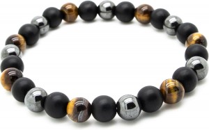 Model J - armband heren – kralen – rond - zwart mat, platinum glimmend en bruin tijgeroog - Sorprese - natuursteen – 8 mm - heren - unisex
