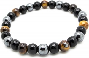 Model J - armband heren – kralen – rond - zwart en platinum glimmend en bruin tijgeroog - Sorprese - natuursteen - 8 mm - heren - unisex