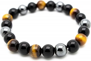 Model J - armband heren – kralen – rond - zwart en platinum glimmend en bruin tijgeroog - Sorprese - natuursteen – 10 mm - heren - unisex