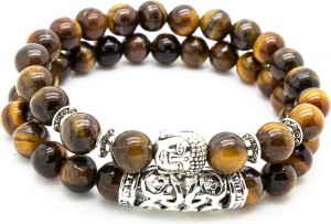 Model K - armband heren – kralen – dubbel snoer – bruin met zilverkleurige (Boeddha) bedels - Sorprese - natuursteen – elastisch - armband mannen - armband