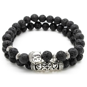 Armband mannen – kralen – dubbel snoer – zwart met zilverkleurige (Boeddha) bedels - Sorprese - natuursteen - elastisch - armband heren - armband