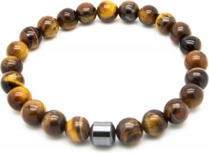 Model L - armband heren – kralen – enkel snoer – bruin met 1 donker RVS steen - Sorprese - natuursteen – rond - elastisch