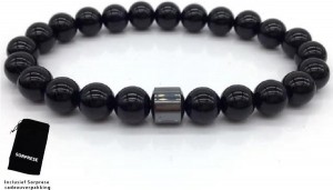Model L - armband heren – kralen – enkel snoer – zwart glimmend met 1 donker RVS steen - Sorprese - natuursteen – rond - elastisch
