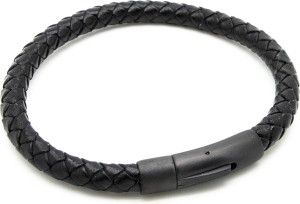 Model S - armband - zwart - rond gevlochten leer - donkerkleurige RVS sluiting - 21 cm - leder - heren - unisex