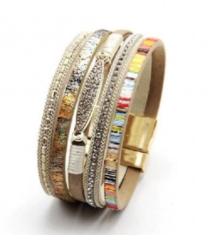 Model V - armband - dames - leer - wikkelarmband - diverse kleuren goud en khaki -goudkleurige sluiting - leder - Sorprese