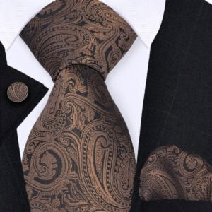 Sorprese Stropdas met Pochet en Manchetknopen - Paisley Donkerbruin - 100% Zijde