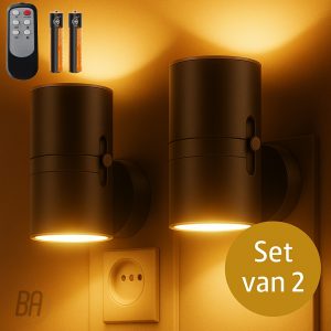 Best Active Nachtlampje Stopcontact - 2 stuks - Dag- en Nachtsensor - Inclusief Afstandsbediening & 2 Batterijen - Zwart